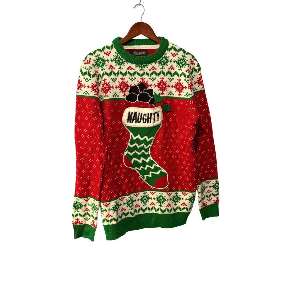 Happy Holidays Mens Naughty Stocking Ugly Christmas Sweater Red Green Large